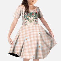 Peach Hawaiian Palaka Family Matching Off Shoulder Maxi Dress and Hawaiian Shirt Kukui Nut Money Lei LT9 Daughter's Dress Peach - Polynesian Pride