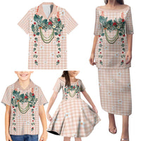 Peach Hawaiian Palaka Family Matching Puletasi and Hawaiian Shirt Kukui Nut Money Lei LT9 - Polynesian Pride
