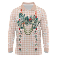 Peach Hawaiian Palaka Long Sleeve Polo Shirt Kukui Nut Money Lei - Polynesian Pride