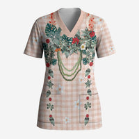 Peach Hawaiian Palaka Scrub Top Kukui Nut Money Lei - Polynesian Pride