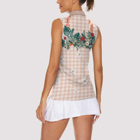 Peach Hawaiian Palaka Women Sleeveless Polo Shirt Kukui Nut Money Lei - Polynesian Pride