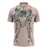 Peach Hawaiian Palaka Zipper Polo Shirt Kukui Nut Money Lei - Polynesian Pride