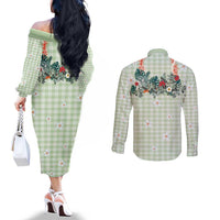 Sage Green Hawaiian Palaka Couples Matching Off The Shoulder Long Sleeve Dress and Long Sleeve Button Shirt Kukui Nut Money Lei LT9 - Polynesian Pride