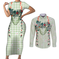 Sage Green Hawaiian Palaka Couples Matching Short Sleeve Bodycon Dress and Long Sleeve Button Shirt Kukui Nut Money Lei LT9 Green - Polynesian Pride