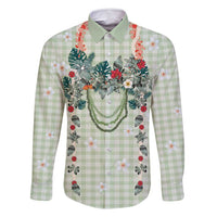 Sage Green Hawaiian Palaka Family Matching Off Shoulder Short Dress and Hawaiian Shirt Kukui Nut Money Lei LT9 Dad's Shirt - Long Sleeve Green - Polynesian Pride
