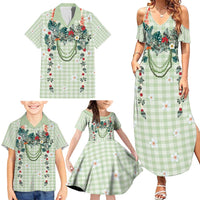 Sage Green Hawaiian Palaka Family Matching Summer Maxi Dress and Hawaiian Shirt Kukui Nut Money Lei LT9 - Polynesian Pride