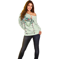 Sage Green Hawaiian Palaka Off Shoulder Sweater Kukui Nut Money Lei - Polynesian Pride