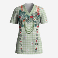 Sage Green Hawaiian Palaka Scrub Top Kukui Nut Money Lei - Polynesian Pride