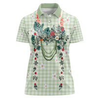 Sage Green Hawaiian Palaka Women Polo Shirt Kukui Nut Money Lei - Polynesian Pride