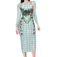 Turquoise Hawaiian Palaka Family Matching Long Sleeve Bodycon Dress and Hawaiian Shirt Kukui Nut Money Lei LT9 Mom's Dress Turquoise - Polynesian Pride