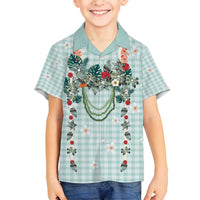 Turquoise Hawaiian Palaka Family Matching Off Shoulder Maxi Dress and Hawaiian Shirt Kukui Nut Money Lei LT9 Son's Shirt Turquoise - Polynesian Pride