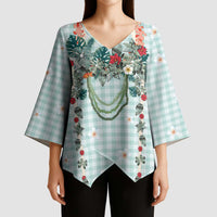 Turquoise Hawaiian Palaka Kimono Sleeve Blouse Kukui Nut Money Lei - Polynesian Pride