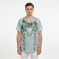 Turquoise Hawaiian Palaka Scrub Top Kukui Nut Money Lei - Polynesian Pride