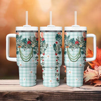Turquoise Hawaiian Palaka Tumbler With Handle Kukui Nut Money Lei - Polynesian Pride