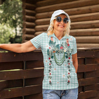 Turquoise Hawaiian Palaka Women Polo Shirt Kukui Nut Money Lei - Polynesian Pride