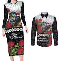 Meri Kirihimete Tuatara Couples Matching Long Sleeve Bodycon Dress and Long Sleeve Button Shirt New Zealand Fern with Puhutukawa Flowers LT9 Green - Polynesian Pride