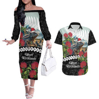 Meri Kirihimete Tuatara Couples Matching Off The Shoulder Long Sleeve Dress and Hawaiian Shirt New Zealand Fern with Puhutukawa Flowers LT9 Green - Polynesian Pride
