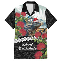Meri Kirihimete Tuatara Family Matching Long Sleeve Bodycon Dress and Hawaiian Shirt New Zealand Fern with Puhutukawa Flowers LT9 Dad's Shirt - Short Sleeve Green - Polynesian Pride