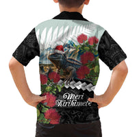 Meri Kirihimete Tuatara Family Matching Off The Shoulder Long Sleeve Dress and Hawaiian Shirt New Zealand Fern with Puhutukawa Flowers LT9 - Polynesian Pride