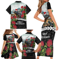 Meri Kirihimete Tuatara Family Matching Short Sleeve Bodycon Dress and Hawaiian Shirt New Zealand Fern with Puhutukawa Flowers LT9 - Polynesian Pride
