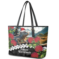 Meri Kirihimete Tuatara Leather Tote Bag New Zealand Fern with Puhutukawa Flowers LT9 - Polynesian Pride