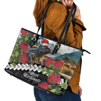 Meri Kirihimete Tuatara Leather Tote Bag New Zealand Fern with Puhutukawa Flowers LT9 - Polynesian Pride