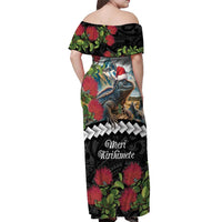 Meri Kirihimete Tuatara Off Shoulder Maxi Dress New Zealand Fern with Puhutukawa Flowers LT9 - Polynesian Pride
