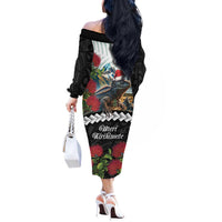 Meri Kirihimete Tuatara Off The Shoulder Long Sleeve Dress New Zealand Fern with Puhutukawa Flowers LT9 - Polynesian Pride