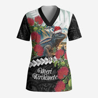 Meri Kirihimete Tuatara Scrub Top New Zealand Fern with Puhutukawa Flowers - Polynesian Pride