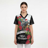 Meri Kirihimete Tuatara Scrub Top New Zealand Fern with Puhutukawa Flowers - Polynesian Pride