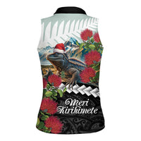 Meri Kirihimete Tuatara Women Sleeveless Polo Shirt New Zealand Fern with Puhutukawa Flowers LT9 - Polynesian Pride