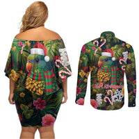 Meri Kirihimete Kakapo Santa Couples Matching Off Shoulder Short Dress and Long Sleeve Button Shirt Merry Christmas with Tropical Vibe LT9 - Polynesian Pride