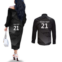 New Zealand Cricket Custom Couples Matching Off The Shoulder Long Sleeve Dress and Long Sleeve Button Shirt Potae Pango Black Fern Pattern