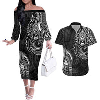 Polynesian Turtle Tribal Tattoo Couples Matching Off The Shoulder Long Sleeve Dress and Hawaiian Shirt Black Style