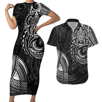 Polynesian Turtle Tribal Tattoo Couples Matching Short Sleeve Bodycon Dress and Hawaiian Shirt Black Style