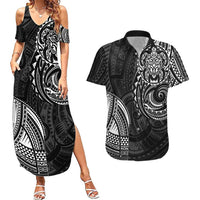 Polynesian Turtle Tribal Tattoo Couples Matching Summer Maxi Dress and Hawaiian Shirt Black Style