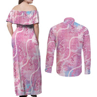 Japanese Koi Fish Couples Matching Off Shoulder Maxi Dress and Long Sleeve Button Shirt Pink Wagara Palaka Honohono Pikake Lei LT9 - Polynesian Pride