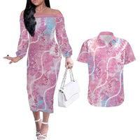 Japanese Koi Fish Couples Matching Off The Shoulder Long Sleeve Dress and Hawaiian Shirt Pink Wagara Palaka Honohono Pikake Lei LT9 Pink - Polynesian Pride