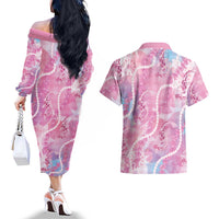Japanese Koi Fish Couples Matching Off The Shoulder Long Sleeve Dress and Hawaiian Shirt Pink Wagara Palaka Honohono Pikake Lei LT9 - Polynesian Pride