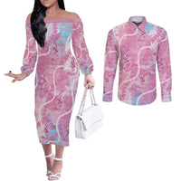 Japanese Koi Fish Couples Matching Off The Shoulder Long Sleeve Dress and Long Sleeve Button Shirt Pink Wagara Palaka Honohono Pikake Lei LT9 Pink - Polynesian Pride