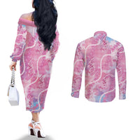 Japanese Koi Fish Couples Matching Off The Shoulder Long Sleeve Dress and Long Sleeve Button Shirt Pink Wagara Palaka Honohono Pikake Lei LT9 - Polynesian Pride