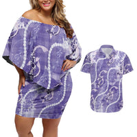 Japanese Koi Fish Couples Matching Off Shoulder Short Dress and Hawaiian Shirt Purple Wagara Palaka Honohono Pikake Lei LT9 Purple - Polynesian Pride