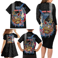 Personalized Japanese Koi Fish Ramen Family Matching Long Sleeve Bodycon Dress and Hawaiian Shirt Aloha Shark Kakau Pattern LT9 - Polynesian Pride