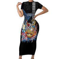 Personalized Japanese Koi Fish Ramen Family Matching Short Sleeve Bodycon Dress and Hawaiian Shirt Aloha Shark Kakau Pattern LT9 Mom's Dress Black - Polynesian Pride