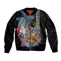 Personalized Japanese Koi Fish Ramen Sleeve Zip Bomber Jacket Aloha Shark Kakau Pattern