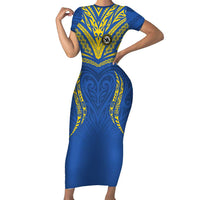 Custom Oceania Football Solomon Kings Family Matching Short Sleeve Bodycon Dress and Hawaiian Shirt Polynesian Tribal Pattern LT9 Mom's Dress Blue - Polynesian Pride
