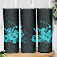 Turquoise Hawaiian Hibiscus Shaka Sign Skinny Tumbler