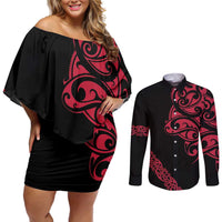 All Black Maori Tribal Tattoo Personalised Couples Matching Off Shoulder Short Dress and Long Sleeve Button Shirt Classic Red Polynesian Style - Polynesian Pride