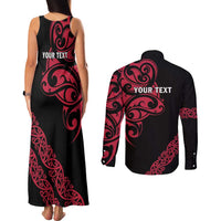 All Black Maori Tribal Tattoo Personalised Couples Matching Tank Maxi Dress and Long Sleeve Button Shirt Classic Red Polynesian Style - Polynesian Pride
