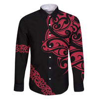 All Black Maori Tribal Tattoo Personalised Family Matching Long Sleeve Bodycon Dress and Hawaiian Shirt Classic Red Polynesian Style - Polynesian Pride